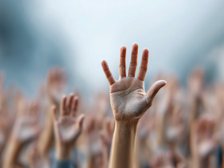 A vibrant mix of individuals celebrating solidarity as they lift their hands together, emphasizing collective effort and communal spirit amidst a dynamic, lively backdropの写真素材