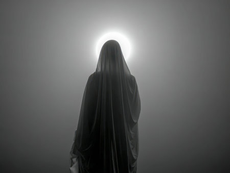 A shadowy silhouette cloaked in deep shadows stands against a foggy gray backdrop, softly radiant...