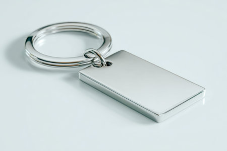 A polished, silver-toned rectangular metal tag featuring a looped ring, resting on a sleek, pale...