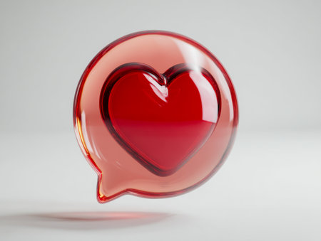 A vibrant, glossy red heart with a 3d effect resides within a clear speech bubble, drifting gracefully on a neutral gray backdrop, symbolizing heartfelt conversationの写真素材