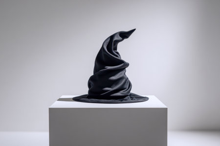An intricately crafted black wizard's hat with twisted, spiraling design rests atop a white pedestal, highlighted by intense lighting that accentuates its texture and mysの写真素材