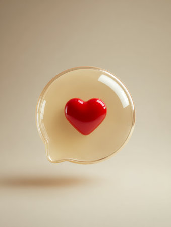 A vibrant, shiny crimson heart rests inside a clear, rounded dialog bubble, gently floating on a warm beige backdrop symbolizing connection and heartfelt dialogue.の写真素材