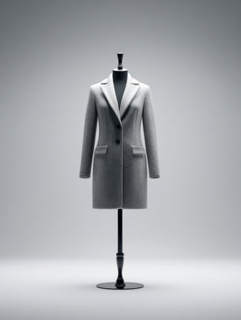 A sophisticated gray woolen outer garment featuring timeless lapels and a sleek button fastening, showcased on a black mannequin against a gentle gradient backdrop.の写真素材