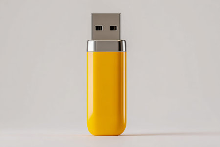 A vivid yellow portable drive featuring a sleek metallic usb tip, positioned upright against a plain...