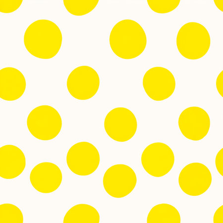 Cheerful yellow circles of varying sizes scatter across a pristine white surface, forming an energetic, whimsical pattern ideal for lively, upbeat visual themes.の写真素材