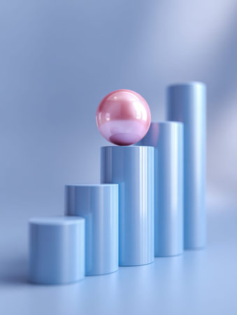 A vibrant pink orb rests atop a sequence of smooth, reflective blue cylinders that grow taller, symbolizing continuous improvement within a sleek, contemporary aesthetic.の写真素材