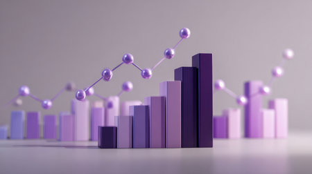 A vibrant 3d visualization featuring ascending purple and lavender bars connected by spherical data points, symbolizing progressive growth and detailed financial insightsの写真素材