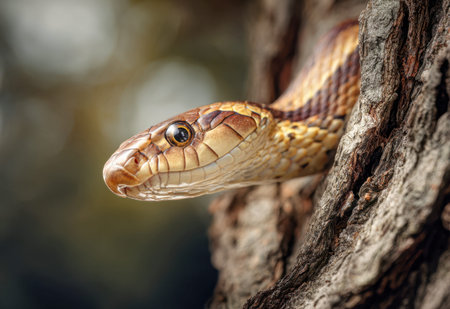 A intricately patterned serpent surveys its surroundings from a rugged tree trunk, set against a...