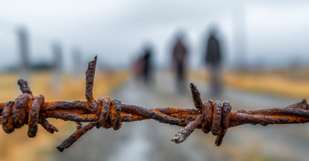 A weathered, rust-covered fencing detail stands stark against a misty countryside, where soft figures stride along a quiet trail under a moody, gray sky.の写真素材
