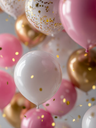 A lively display of pastel pink and white balloons accented with gleaming gold, nestled among sparkling confetti that radiates joy and celebration energy for any speの写真素材