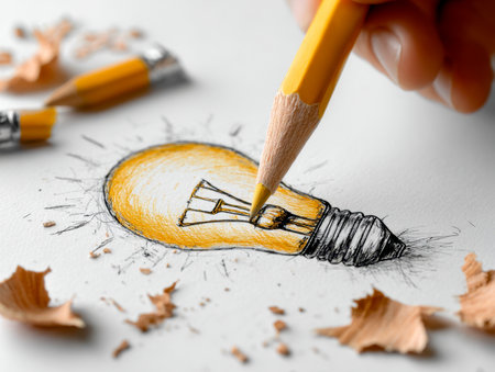 A hand with a vibrant yellow pencil brings a bright idea to life on crisp white paper, surrounded by scattered shavings, evoking creativity and innovation.の写真素材