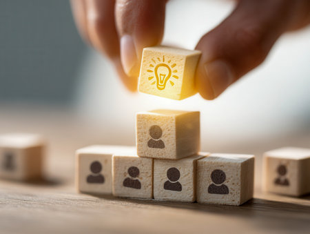 A focused hand carefully positions a wooden piece topped with a luminous bulb icon, building upon figures representing collaboration, vision, and creative leadershipの写真素材