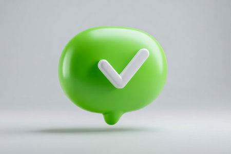 A vibrant 3d green conversation icon featuring a crisp white tick, set against a simple gray backdrop, symbolizing validation, agreement, or positive confirmation.の写真素材