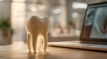 A life-sized, detailed tooth replica rests on a wooden workspace alongside a laptop, set against a contemporary clinic environment illuminated by soft, inviting natuの写真素材