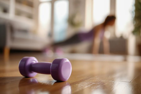 A vibrant purple weight rests on a polished wood surface as a person maintains a focused plank pose in a sunlit, cozy living space, evoking dedication and home fitneの写真素材