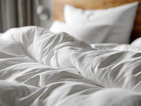 A welcoming bed adorned with a gently crumpled white duvet and plush pillows, bathed in warm ambient lighting that exudes tranquility and encourages peaceful slumberの写真素材