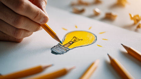 An artist's hand brings a luminous yellow concept to life on crisp paper, surrounded by vibrant pencil shavings, capturing the spark of inspiration and innovation.の写真素材