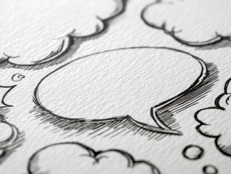 Intricate black ink sketches of blank speech and thought balloons grace textured paper, inspiring creative expression and innovative visual storytelling in a sketchyの写真素材