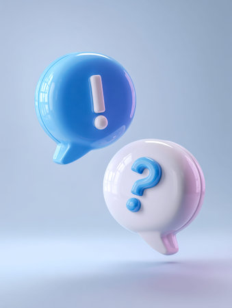Vibrant, reflective 3d speech balloons with striking punctuation symbols highlight curiosity and...