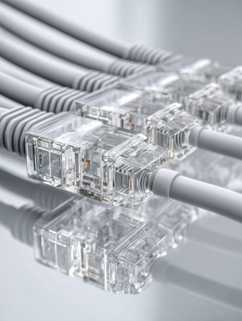 Close-up of clear connectors integrated into sleek cables on a glossy surface, emphasizing advanced...