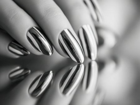 Sleek, mirror-like chrome manicure with a high-gloss sheen, capturing sophisticated style and contemporary elegance on a reflective surface in monochrome shades.の写真素材