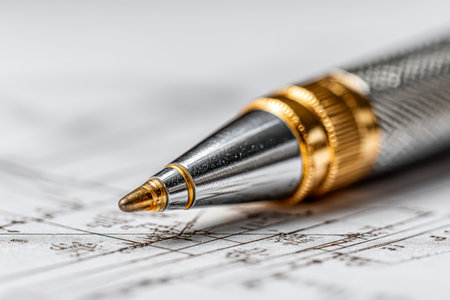 A close-up of a polished metallic pen tip placed atop elaborate blueprints, highlighting precision craftsmanship amid complex technical drawings.の写真素材