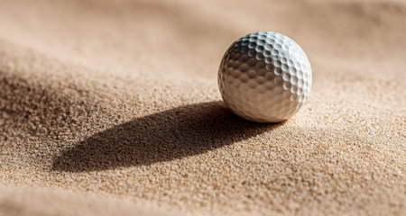 A smooth, dimpled white sphere sits atop delicate sand grains, casting a gentle, stretched shadow under warm natural sunlight, evoking themes of outdoor play and relの写真素材