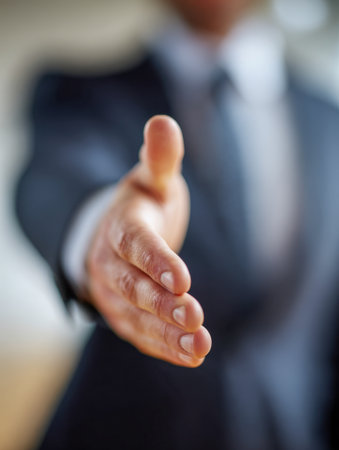 A professional individual reaches out confidently in a sleek office environment, embodying partnership, trust, and mutual commitment.の写真素材