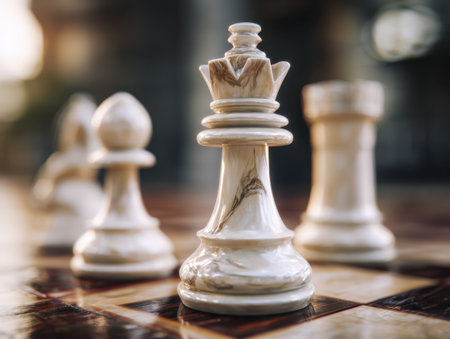 A masterful display of elegance and tension, showcasing intricately carved chess pieces on a glaming wooden surface, with the regal king highlighted amidst aの写真素材