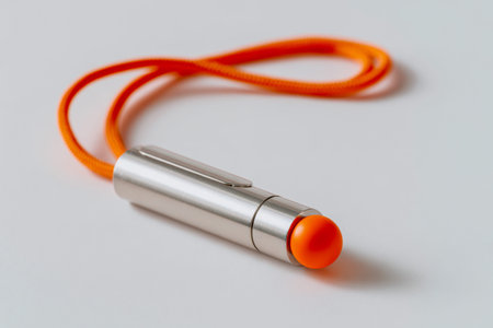 A sleek metallic stylus featuring a vibrant orange rubber tip and a matching wrist strap, perfect...