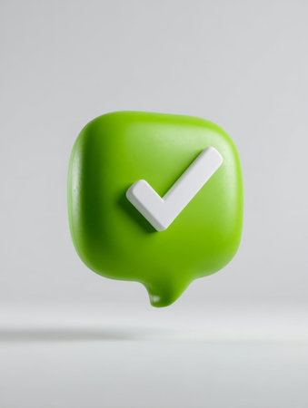 A vibrant 3d-rendered green speech bubble featuring a crisp white check mark, symbolizing validation or affirmation, set against a subtle light gray backdrop.の写真素材