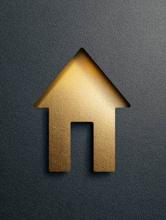 A striking gold silhouette of a house set against a rich black textured background, embodying elegance and simplicity for branding and real estate marketing.の写真素材