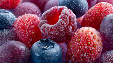 A vivid display of icy raspberries, strawberries, and blueberries, densely packed to evoke freshness and color, perfect for nutritious, cool treats.の写真素材