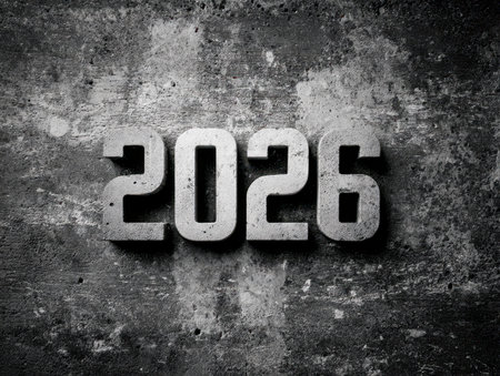 Bold, three-dimensional numerals sit atop a rugged, textured slate background, with intense lighting casting striking shadows for a dynamic, industrial look.の写真素材