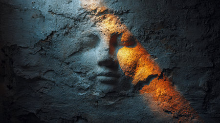 An enigmatic carved visage emerges from rough stone, its features subtly illuminated by contrasting warm and cold lights, evoking a hauntingly artistic ambiance.の写真素材