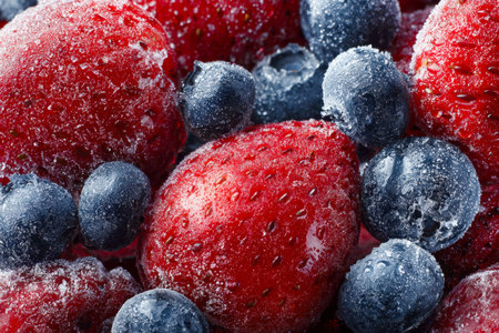 Juicy red strawberries and deep blue blueberries encased in shimmering ice layers highlight fresh, vibrant hues and inviting textures, perfect for promoting wholesomの写真素材