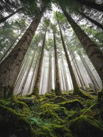 An ethereal woodland landscape featuring colossal trees shrouded in gentle mist, with vibrant moss blanketing the forest floor, evoking a magical, otherworldly ambiaの写真素材