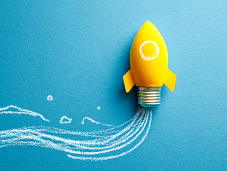 A vibrant yellow rocket-inspired lightbulb ignites imagination, leaving a chalk-like white trail, illustrating the surge of inventive ideas against a bold blue backdの写真素材