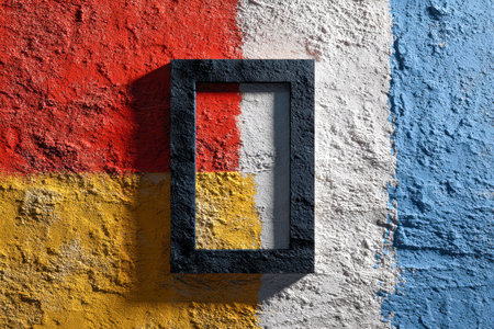 A vibrant, layered surface featuring bold primary hues, accented by a stark black rectangle that casts dramatic shadows, enhancing the textured, tactile feel.の写真素材