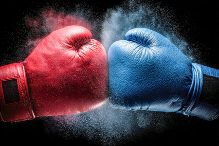 Intensely dynamic scene featuring crimson and azure gloves clashing, sending a burst of powder into the dark backdrop, epitomizing fierce combat energy.の写真素材