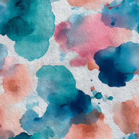 Dynamic watercolor splashes in vivid blues, corals, and pinks merge seamlessly on textured paper, forming an energetic and organic abstract backdrop.の写真素材