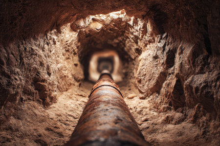 A weathered pipe runs through a tight, rugged stone corridor bathed in soft daylight from outside, surrounded by coarse, earthen-toned walls.の写真素材