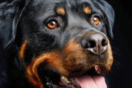 A striking portrait captures a vigilant black and tan canine with piercing amber eyes, lightly panting, set against a deep, shadowy backdrop in crisp detail.の写真素材