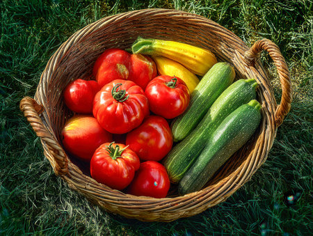 Vibrant summer produce rests in a woven basket on verdant grass, illuminated by warm sunlight, capturing the essence of a bountiful farm-to-table scene.の写真素材
