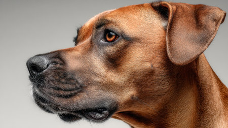 A close-up profile of a gentle brown canine, showcasing expressive eyes and layered fur textures, set against a muted gray backdrop that highlights its calm and watcの写真素材