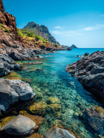 Bright sunlight illuminates vibrant aqua sea weaving past jagged cliffs, with towering mountains in the distance under a crisp, azure sky.の写真素材