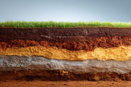 A vibrant cross-section reveals layered earth beneath lush grass, illustrating the planet's complex geological history and natural strata.の写真素材