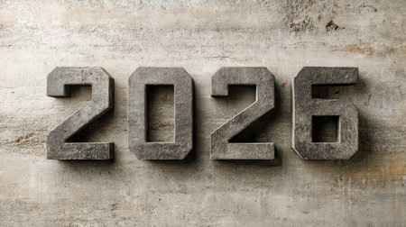 Massive 3d concrete digits spell out 2025, boldly affixed to a rough, aged industrial wall, creating a striking, urban-inspired atmosphere for modern design displaysの写真素材