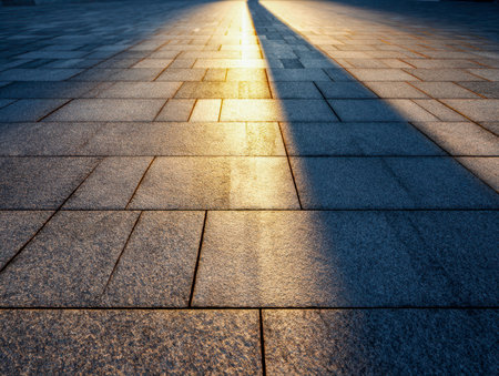 Soft morning or evening light illuminates the textured brick walkway, creating intricate shadows that highlight the geometric arrangement of the stones.の写真素材