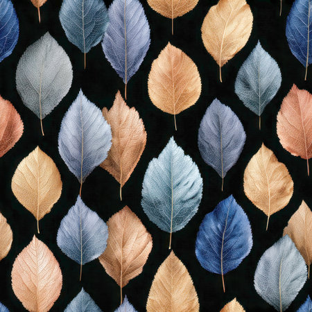 Vibrant autumn foliage in rich gold and serene blue hues arranged to emphasize delicate textures and striking contrast against a deep, moody backdrop.の写真素材